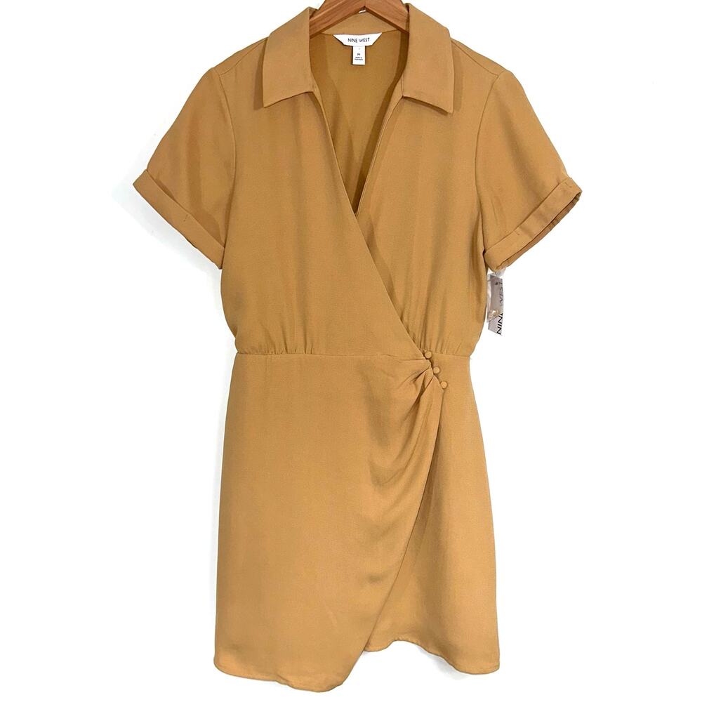 NWT Nine West Surplice Shirt Dress in Bright Bronze Tan Size Medium